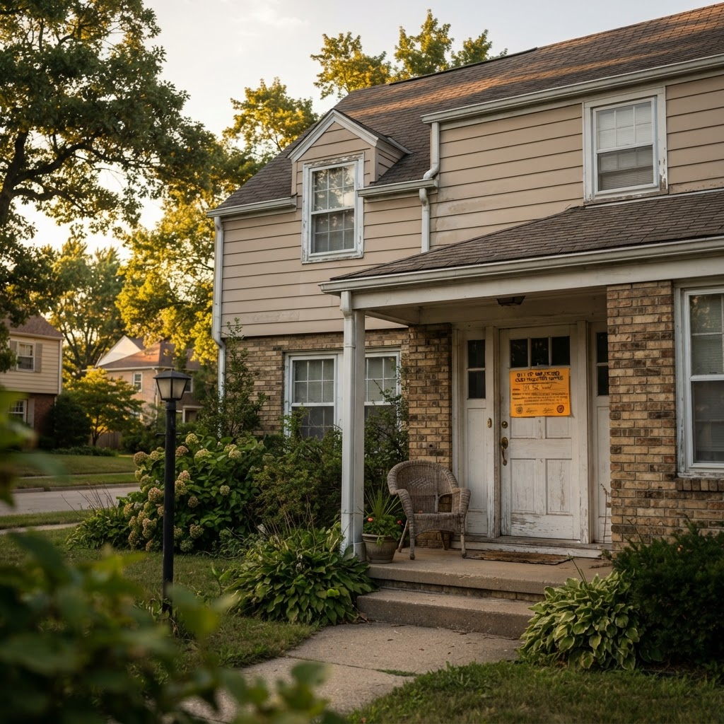 Older house with a code violation notice and repair checklist