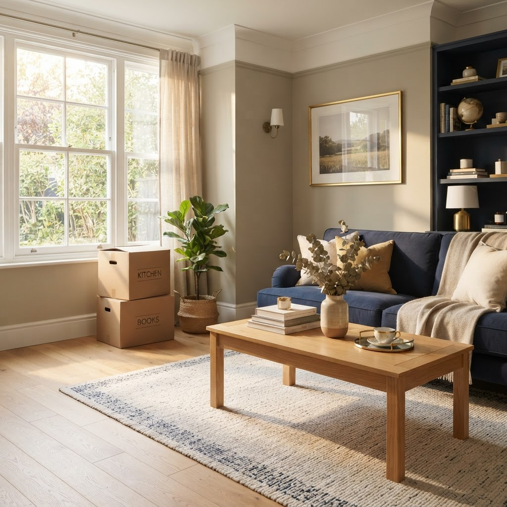 A calm, tidy living room with warm natural light