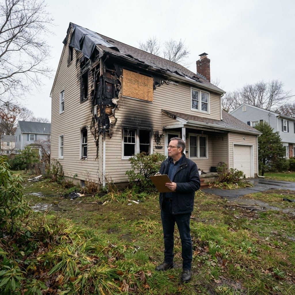 Fire-damaged house exterior being evaluated by a homeowner