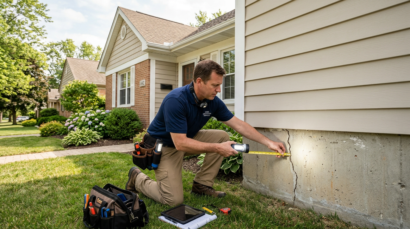 Foundation crack on a house being inspected before a sale