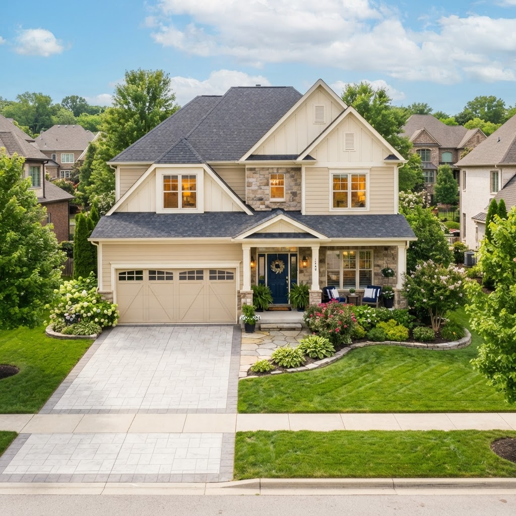 A well-staged home exterior with tidy landscaping in bright daylight