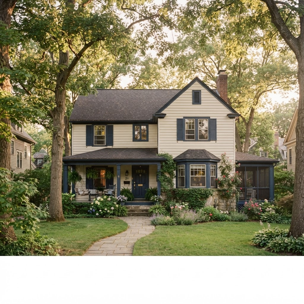A cozy older two-story family home surrounded by mature trees