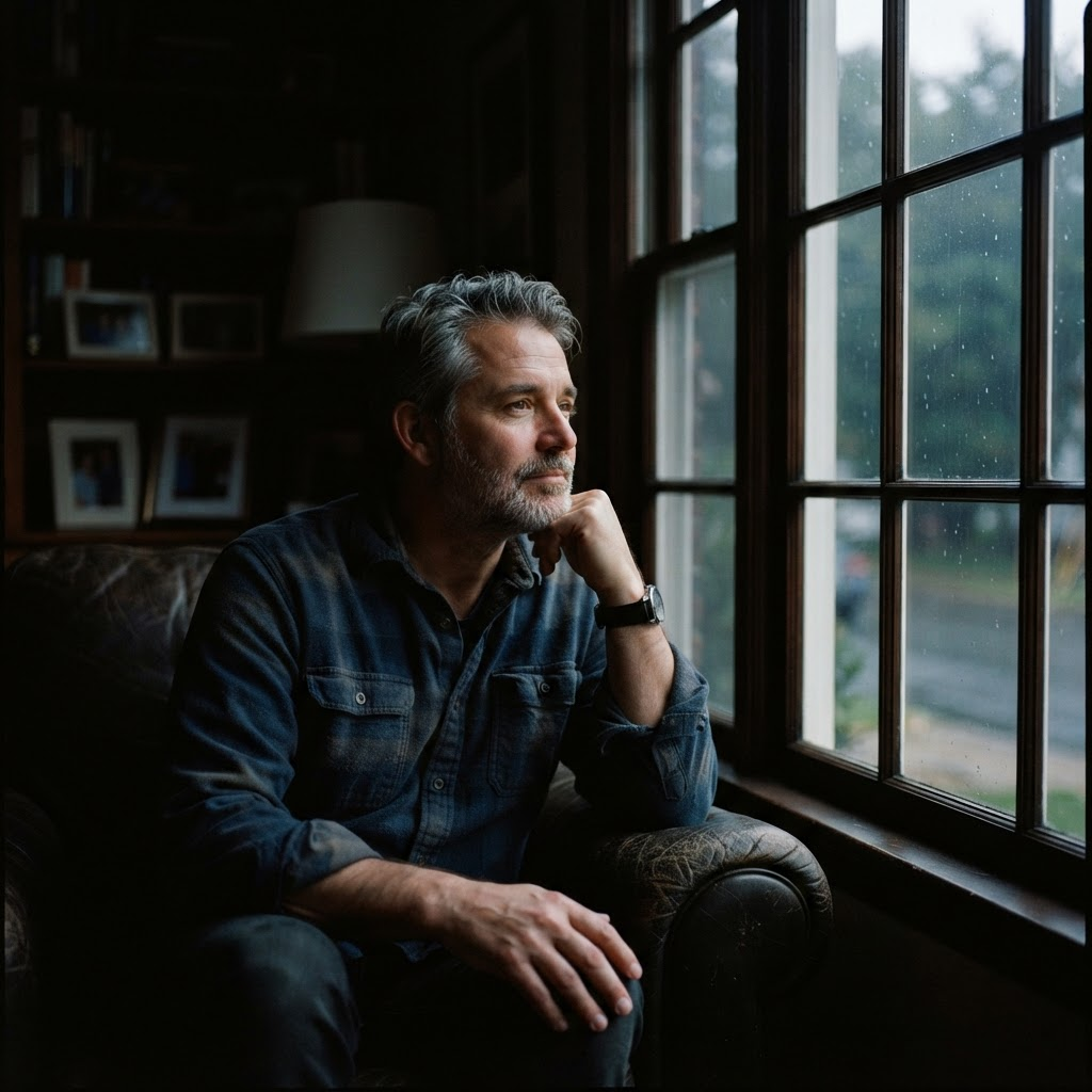 A homeowner looking relieved by a window